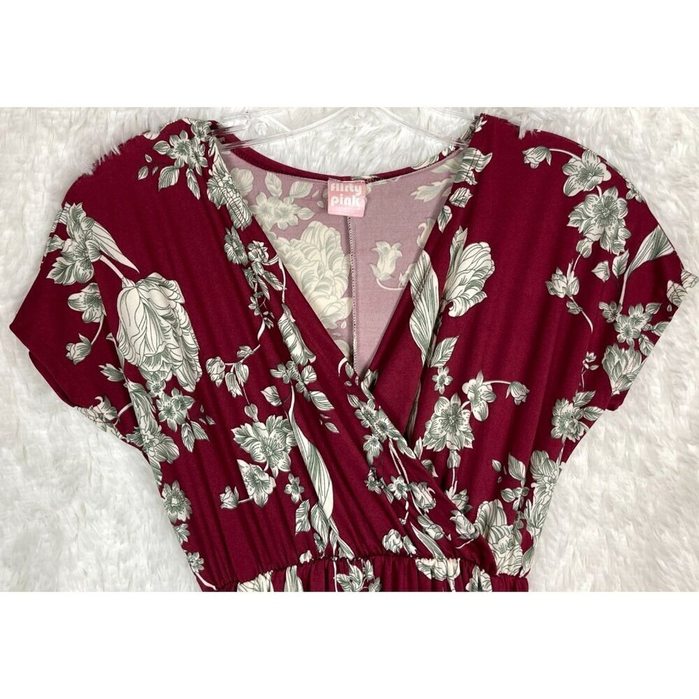 Flirty Pink Medium Short Sleeve Surplice Neck Maroon White Flowers Maxi Dress - Picture 3 of 5